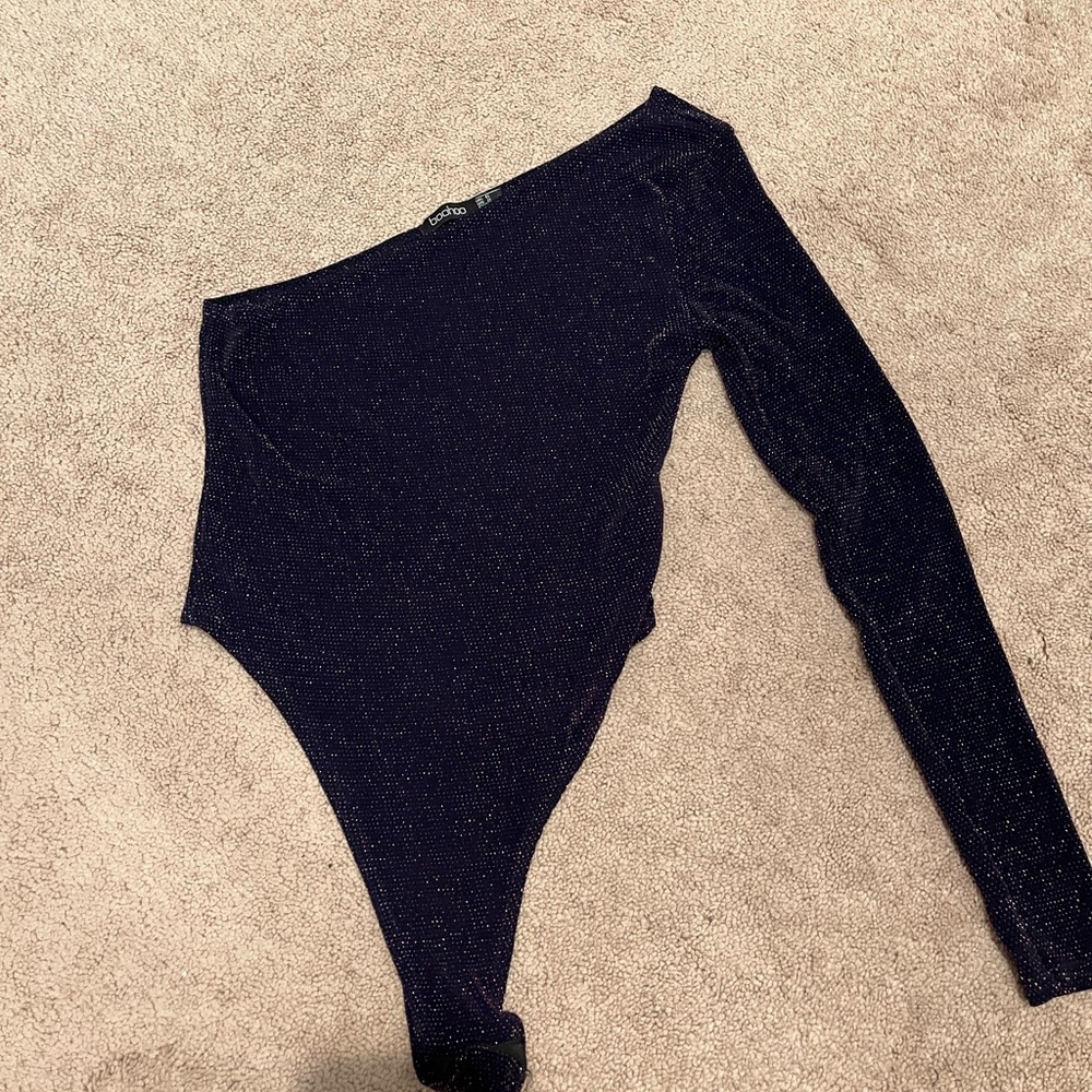 Boohoo Navy Glitter One-Shoulder Bodysuit
